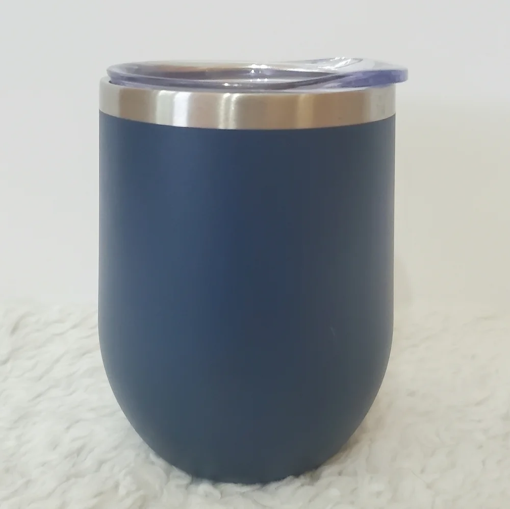 Navy Blue Silver Stainless Steel Stemless Wine Tumbler 12 Oz